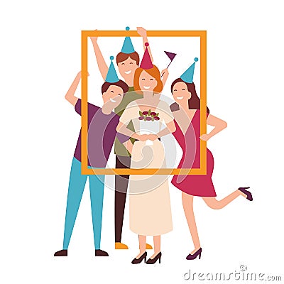 Group of friends wearing cone hats celebrating birthday and holding portrait frame. People at festive party. Flat Vector Illustration
