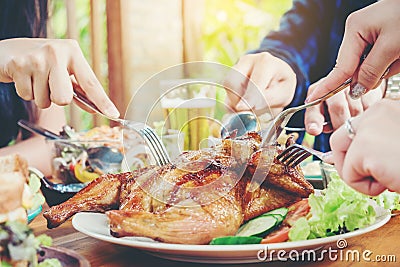 Group Friends young asian people Party and eating food happy enjoying in home Stock Photo
