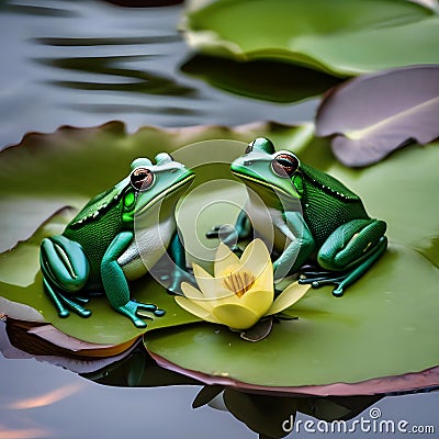 A group of frogs gathered around a lily pad, singing and croaking a New Years Eve tune2 Stock Photo