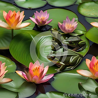A group of frogs gathered around a lily pad, singing and croaking a New Years Eve tune3 Stock Photo