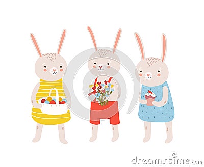 Group of funny adorable bunnies or rabbits holding traditional Easter gifts - basket with decorated eggs, flower bouquet Vector Illustration