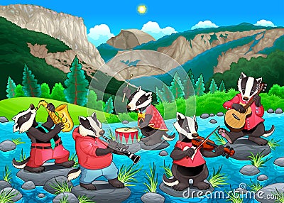 Group of funny badgers are playing music Vector Illustration