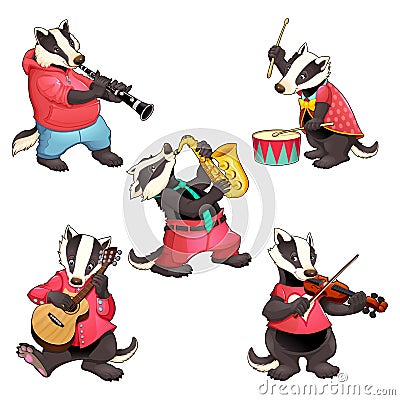 Group of funny badgers are playing music Vector Illustration