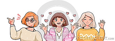 Group of funny female anime characters vector illustration in Japanese manga style. Portrait of three girls waving hand Vector Illustration