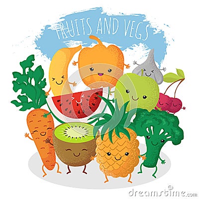 Group of funny fruit and vegetables friends. Vector characters with happy smiling faces Vector Illustration