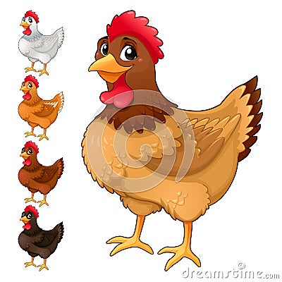 Group of funny hens in different colors Vector Illustration