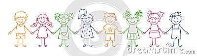 Group of funny kids holding hands. Friendship concept. Happy cute doodle children. Isolated vector illustration Vector Illustration