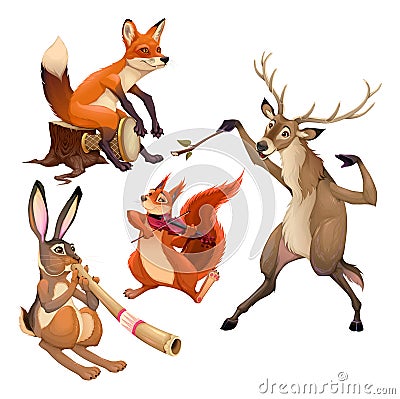 Group of funny musician animals with conductor. Vector Illustration