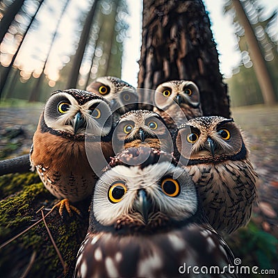 group of funny owl in the forest taking a selfie Stock Photo
