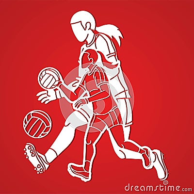 Group of Gaelic Football Female Players Action Cartoon Graphic Vector Vector Illustration