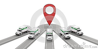 Group of garbage trucks at one map point Stock Photo