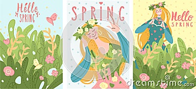 A group of gentle cards congratulating the arrival of spring Vector Illustration