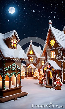 A Group Of Ginger - Shaped Houses With Lights On. Generative AI Stock Photo