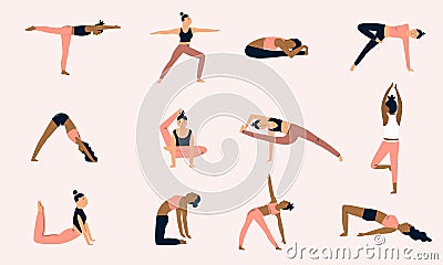 Group of girls doing yoga. Characters in different asanas Vector Illustration