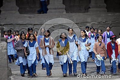 Group of girls at Ellora, India Editorial Stock Photo
