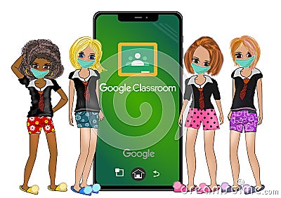 Group of girls and google classroom on smartphone Vector Illustration