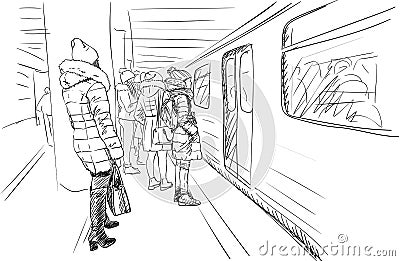 Group of girls in warm winter clothes, coats and hats are standing on metro platform waiting for train open doors Vector Illustration