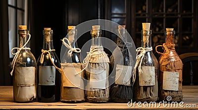 A group of glass bottles with corks tied with twine Stock Photo