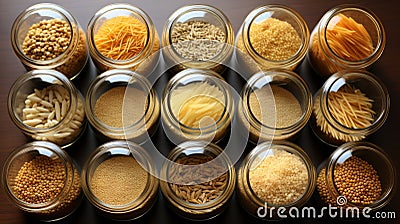 A group of glass jars with different types of grains Stock Photo