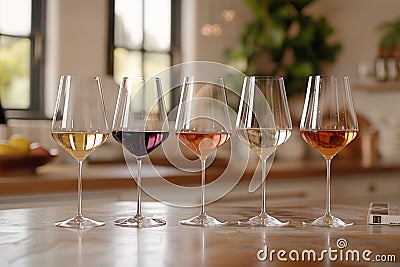 group in glass wine glasses, with 4 distinct wines on a table Stock Photo