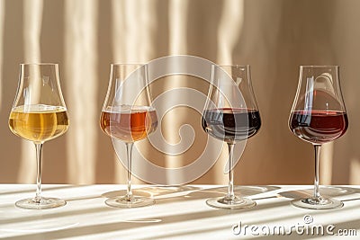 group in glass wine glasses, with 4 distinct wines on a table Stock Photo