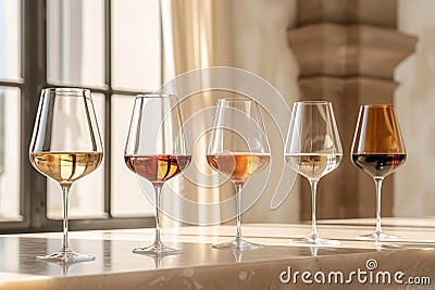 group in glass wine glasses, with 4 distinct wines on a table Stock Photo