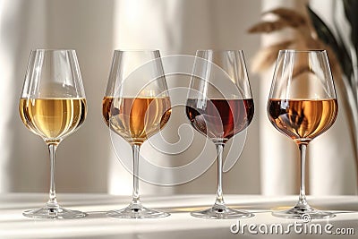 group in glass wine glasses, with 4 distinct wines on a table Stock Photo