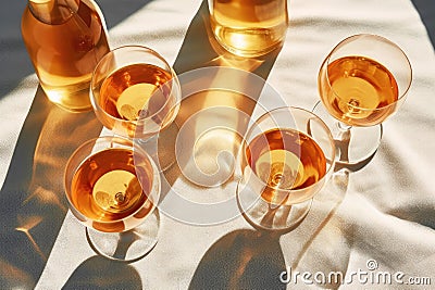 Group of glasses with amber wine, radiating a rich, deep orange hue on a table with beige fabric. Minimalist trendy style. Gentle Stock Photo