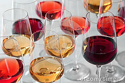 Group of glasses with different wines Stock Photo