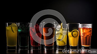 Group of glasses of fresh colored juice with fresh berries, fruits stand in row, black background. AI generated. Stock Photo