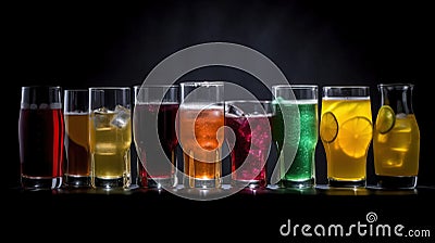 Group of glasses of fresh colored juice with fresh berries, fruits stand in row, black background. AI generated. Stock Photo