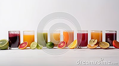 Group of glasses of fresh colored juice with fresh berries, fruits stand in row, white background. AI generated. Stock Photo