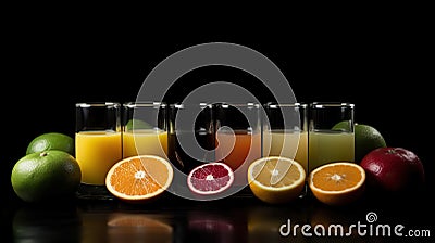 Group of glasses of fresh colored juice with fresh berries, fruits stand in row, black background. AI generated. Stock Photo