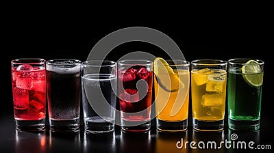 Group of glasses of fresh colored juice with fresh berries, fruits stand in row, black background. AI generated. Stock Photo