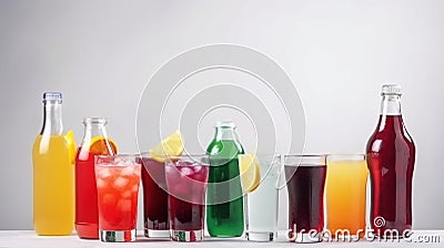 Group of glasses of fresh colored juice with fresh berries, fruits stand in row, white background. AI generated. Stock Photo