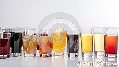 Group of glasses of fresh colored juice with fresh berries, fruits stand in row, white background. AI generated. Stock Photo