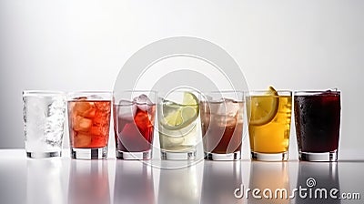 Group of glasses of fresh colored juice with fresh berries, fruits stand in row, white background. AI generated. Stock Photo