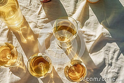 Group of glasses with white wine on a table with beige fabric linen fold. Minimalist trendy style. Gentle sunlight, caustic light Stock Photo