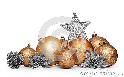 Group of gold christmas balls isolated on white background Stock Photo