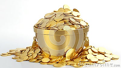 A group of gold coin full fill in golden ware bowl with beautiful leaf pattern stock photo Generative Ai Stock Photo