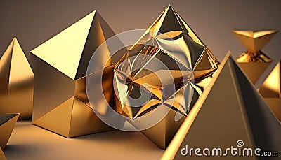 a group of gold pyramids and pyramids on a gray background. generative ai Stock Photo