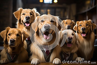 group of golden retriever dogs as a student in school Stock Photo