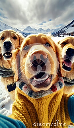 a group of golden retriever dogs wearing dog sweater taking selfie generative AI Stock Photo