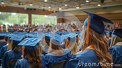 Group of Graduates in Blue Caps and Gowns Stock Photo
