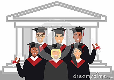 A group of graduates of different nationalities in gown graduate on the background Vector Illustration