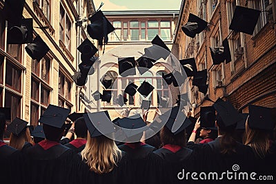 Group of graduates in mortarboards and gowns walking down the street, rear view of A group of graduates tips their graduation caps Stock Photo