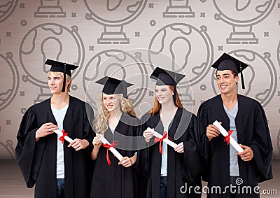 Group of graduates standing in front of world globe graphics Stock Photo