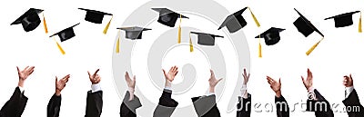 Group of graduates throwing hats against white background, closeup. Banner design Stock Photo