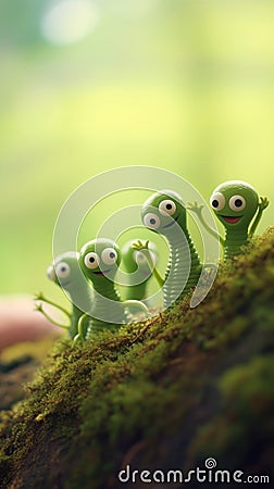 A group of green aliens sitting on a mossy rock, AI Stock Photo