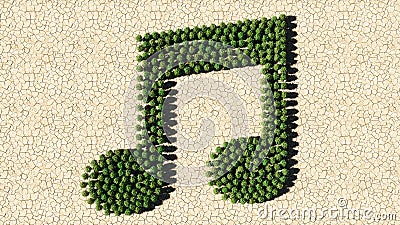 Group of green forest tree on dry ground background, music sign. 3d illustration metaphor for melody Cartoon Illustration